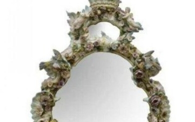 A LARGE MEISSEN STYLE PORCELAIN FRAMED WALL MIRROR