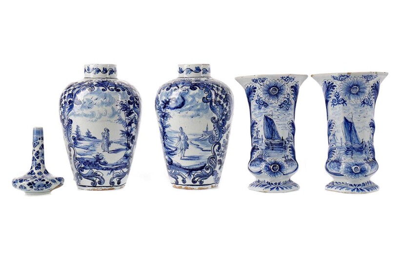 A LATE 19TH CENTURY DUTCH DELFTWARE BLUE & WHITE SOLIFLEUR VASE, ALONG WITH TWO PAIRS OF VASES