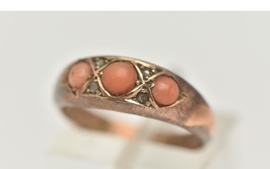 A LATE VICTORIAN 9CT GOLD, THREE STONE CORAL RING, set with ...