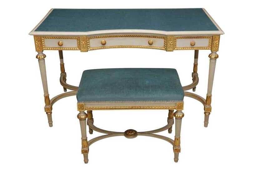 A LOUIS XVI STYLE PAINTED AND PARCEL GILT DRESSING TABLE AND STOOL, CIRCA 1970