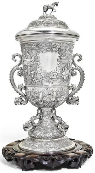 A MONUMNENTAL CHINESE EXPORT SILVER RACING CUP AND COVER, RETAILED BY WANG HING, CANTON, CIRCA 1880