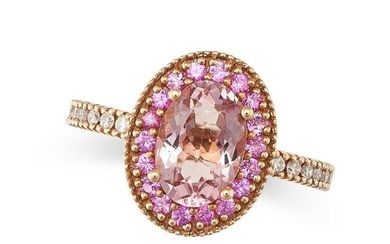 A MORGANITE, PINK SAPPHIRE AND DIAMOND DRESS RING in 18ct rose gold, set with an oval cut morganite