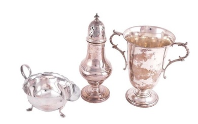 A Mappin & Webb two-handled cup and sauce boat together with a sugar caster by G Bryan & Co;