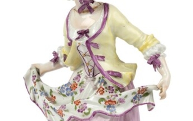 A Meissen porcelain figure of a girl dancing, c.1755, blue crossed swords mark to back of base, Pressnummer 10, modelled in dancing pose, holding her flowered apron in her hands, wearing a puce-edged yellow jacket, on a gilt-edged rococo...
