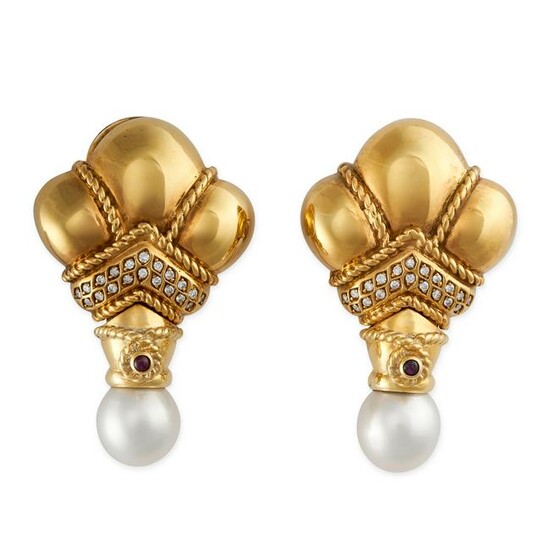 A PAIR OF CULTURED PEARL, RUBY AND DIAMOND 'NIGHT AND