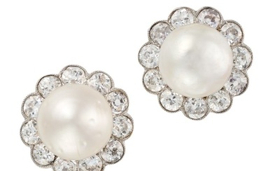 A PAIR OF NATURAL SALTWATER PEARL AND DIAMOND CLUSTER EARRINGS each set with a pearl of 9.4mm and