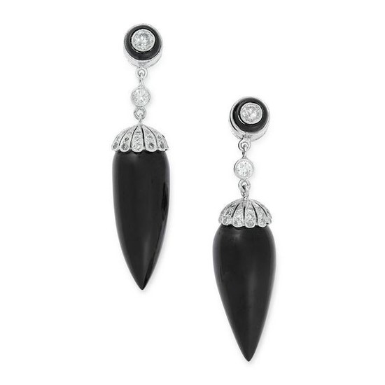 A PAIR OF ONYX AND DIAMOND DROP EARRINGS in white gold