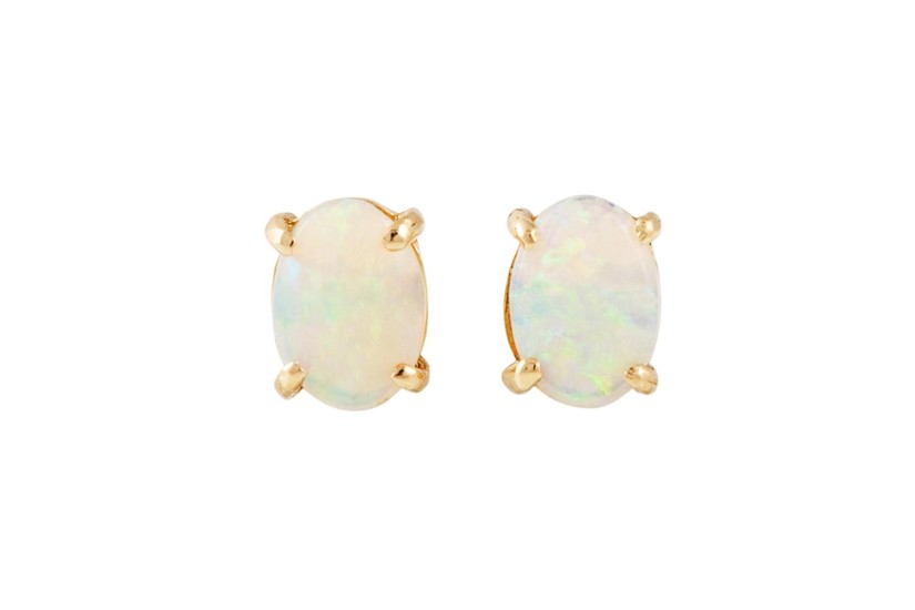 A PAIR OF OPAL EARRINGS mounted in yellow gold