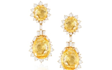 A PAIR OF SAPPHIRE AND DIAMOND PENDENT EARRINGS Each surmou...