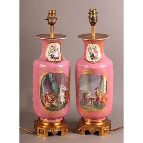 A PAIR OF SEVRES ROULEAU VASES, with rose pompadour grounds,...