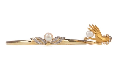 A PEARL AND DIAMOND RING ALONG WITH FAUX PEARL AND DIAMOND BANGLE