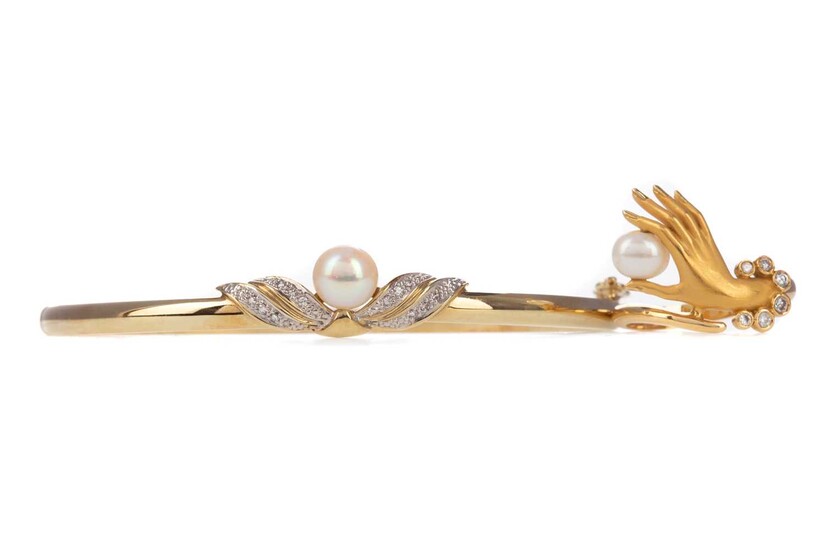 A PEARL AND DIAMOND RING ALONG WITH FAUX PEARL AND DIAMOND BANGLE