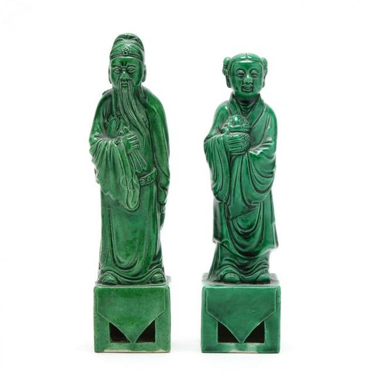 A Pair of Chinese Green Glazed Figures