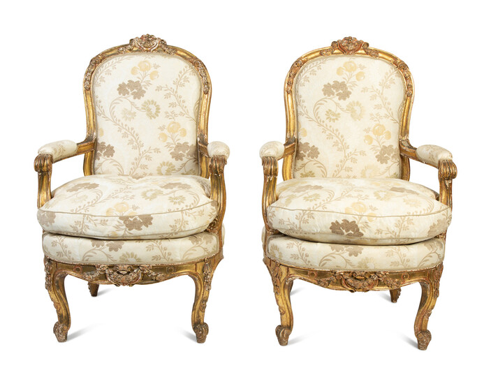 A Pair of Louis XV Style Giltwood Fauteuils