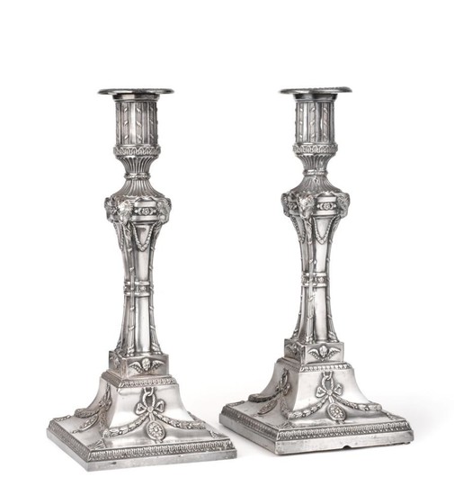 A Pair of Silver-Plated Candlesticks, Apparently Unmarked, Probably Late 18th...