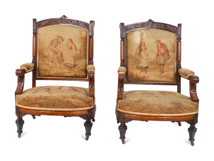 A Pair of Victorian Carved Walnut Armchairs with Tapestry Upholstery
