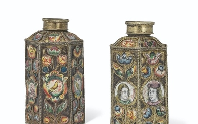 A RARE PAIR OF SILVER-GILT AND ENAMEL SCENT BOTTLES