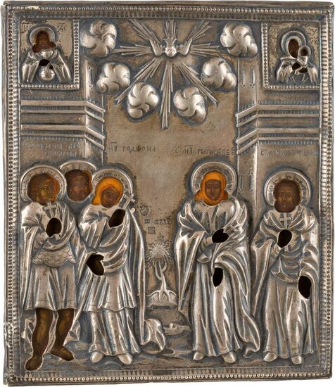 A SMALL ICON SHOWING FIVE SELECTED SAINTS WITH A SILVER