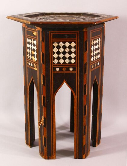 A SMALL MOORISH INLAID HEXAGONAL TOP TABLE - the table