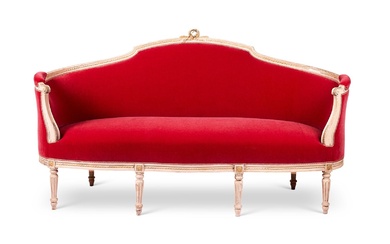 A SWEDISH CARVED, CREAM PAINTED AND UPHOLSTERED SOFA IN LOUIS XVI STYLE, LATE 19TH CENTURY