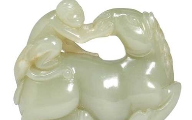 A SWEET JADE CARVING OF A HORSE WITH MONKEY.