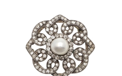 A VICTORIAN DIAMOND AND NATURAL PEARL BROOCH. centred with a...