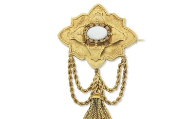 A Victorian opal and diamond brooch with tassel, circa 1870