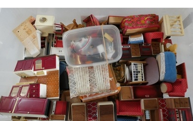 A box of dolls house furniture and accesories, comprising vi...