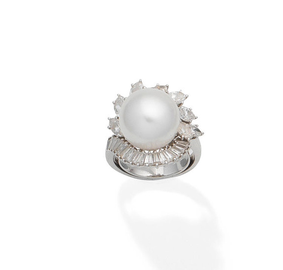 A cultured pearl and diamond cluster ring