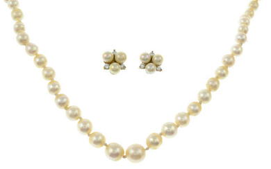 A cultured pearl single-strand necklace, together with a pair of imitation pearl and cubic zirconia earrings.