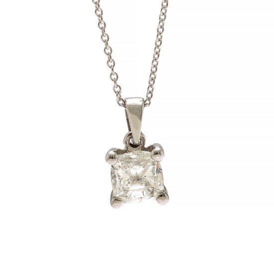 A diamond solitaire pendant set with a cushion-cut diamond, mounted in 14k white gold. Accompanied by necklace of 14k white gold.