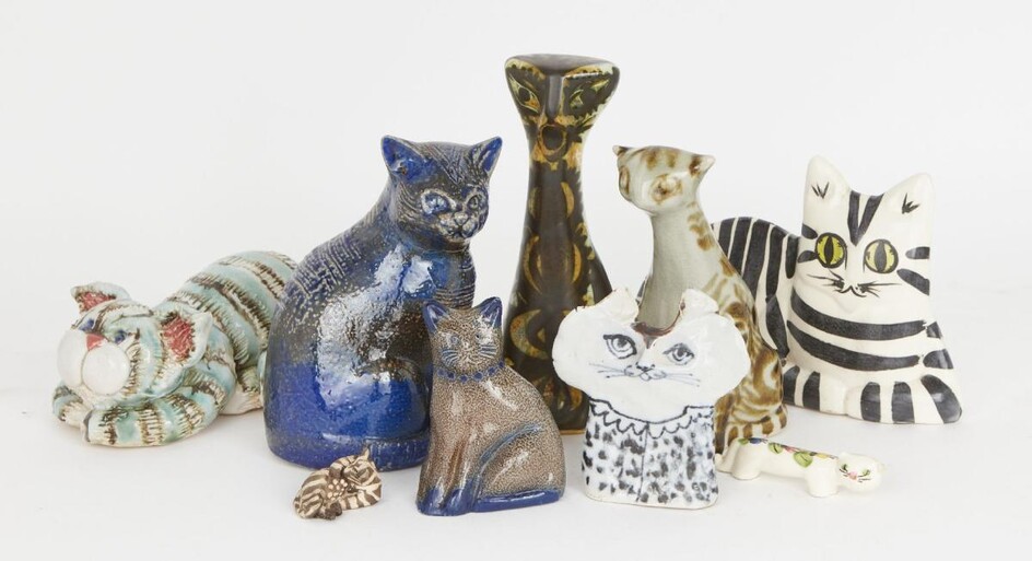 A group of British studio pottery cats, to include; a salt glazed stoneware cat by Mary Rich (British, b.1940), 11cm high, a stoneware cat by Beaumont Pottery, York, Maine, 10.4cm high, a small figure of a cat by Gordon Menzies, with incised spiral...