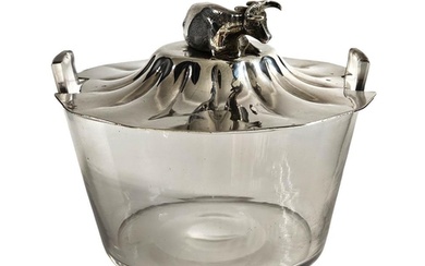 A hallmarked silver and clear glass butter dish, the glass b...