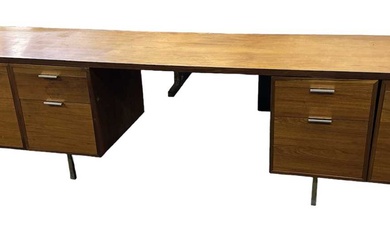 A large mid century teak desk, width 320cm.Condition Report There...