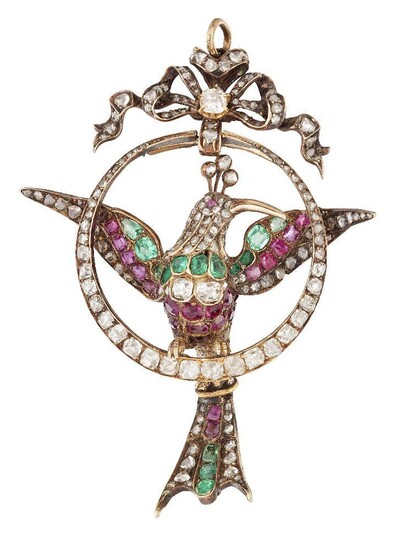 A late 19th century diamond and gem brooch, modelled as a humming bird, the rose-cut diamond head with cabochon ruby eyes to old and rose-cut diamond and vari-shaped emerald and ruby wings, body and tail, perched on a graduated old and rose-cut...