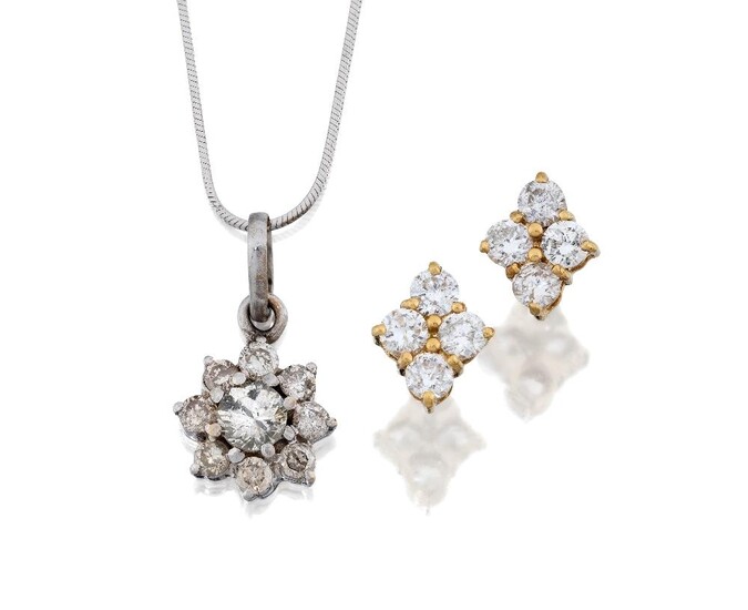 A pair of 18ct gold, diamond ear studs, and a diamond cluster pendant necklace designed as a flowerhead with a claw-set brilliant-cut diamond weighing approximately 0.25 carats framed by eight smaller brilliant-cut diamonds, clasp stamped 750...
