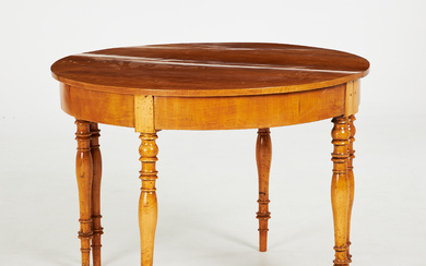 A pair of 19th century half-moon tables, birch veneer, turned legs.