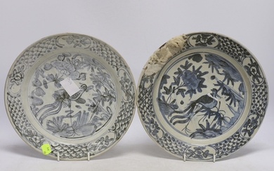 A pair of Chinese Swatow blue and white 'phoenix' plates, la...