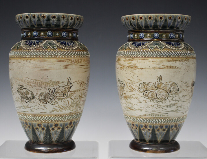A pair of Doulton Lambeth stoneware vases, circa 1887, decorated by Hannah Barlow, monogrammed, each