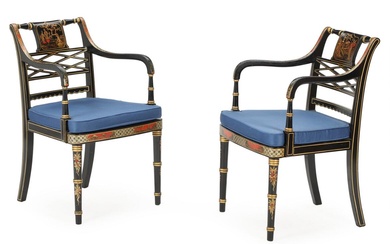 A pair of English 20th century painted wood armchairs, seat with French...