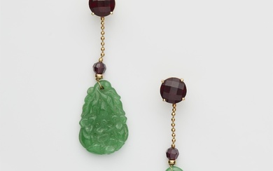 A pair of German 18k gold garnet and carved Burmese jade earrings.