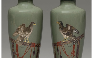A pair of Japanese cloisonne enamel vases, Taisho period, en...