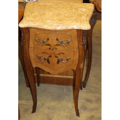 A pair of Louis XVI style marquetry inlaid marble topped ser...