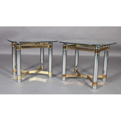 A pair of glass, chrome and gilt metal lamp tables, square w...