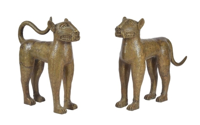 A pair of gold painted metal models of leopards in the style of Benin bronzes
