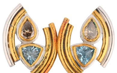 A pair of sterling silver and 18ct gold aquamarine and diamo...