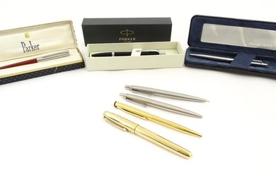 A quantity of pens, comprising a boxed Parker NL ballpoint, a boxed Parker IIIE ballpoint, a boxed