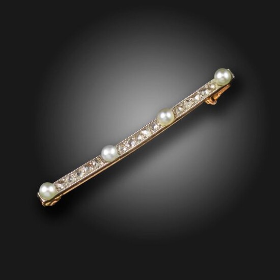 A seed pearl and diamond bar brooch, set with rose-cut...