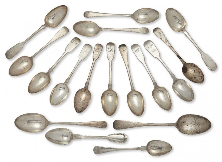A selection of Victorian and later silver spoons, including: two old pattern tablespoons, one London, c.1881, Holland, Son & Slater, the other London, c.1936, Harrods Ltd; six old pattern dessert spoons including two London, c.1936, Harrods Ltd and...