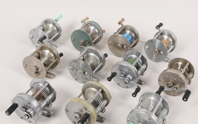 A set of 11 fishing reels, Record, Abu, Swängsta, around the middle of the 20th century.